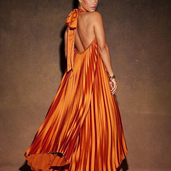 orange elegant Womens Pleated High Low Backless Halter Maxi Dress - Picture 2 of 5